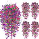 4PCS Artificial Fake Hanging Flowers Plants for Outdoor Spring Decor, UV Resistant Faux Morning Glory Eucalyptus Realistic Silk Petunias for Planter Porch Garden Balcony Yard Indoor (Purple Fuchsia)