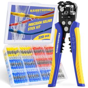 haisstronica 220PCS Solder Seal Wire Connectors Kit with 10-24 AWG Self-Adjusting Automatic Wire Stripper Tool, Waterproof Heat Shrink Butt Terminals for Car, Marine, Trailer, DIY Wiring Projects
