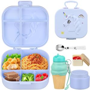 Aimsnk Kids Lunch Box Set -12oz Insulated Food Jar, Thermal Bag,Leakproof Lunch Food Containers Cutlery (BPA Free)-Gift for Girls/Boys Age 3-10 (Blue+Blue Jar)