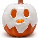 Halloween Decor - 8.5" H Resin Ghost Pumpkin with Flameless Candle for Indoor Outdoor - Cute Spooky Centerpieces Halloween Decorations for Tables Porch Yard Home Front Door Mantel
