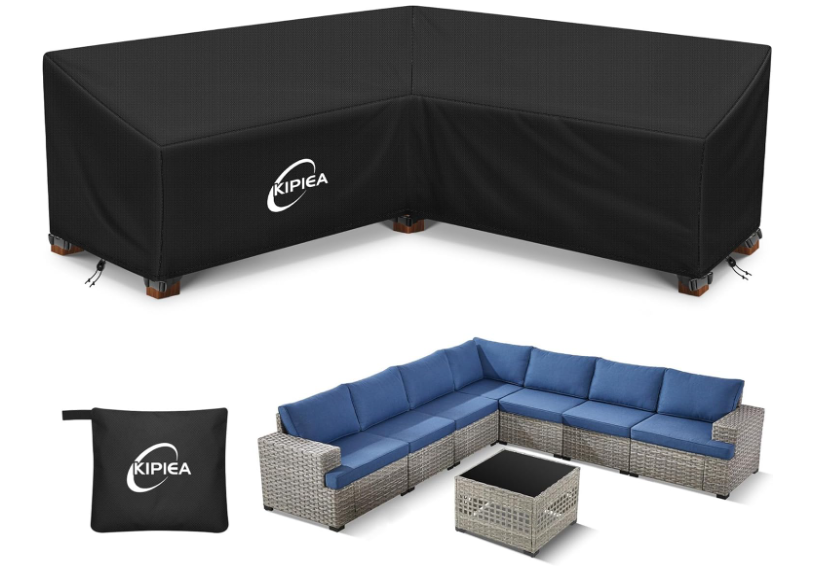 Kipiea VShape Outdoor Patio Furniture Covers Waterproof, 500D HeavyDuty Outdoor Sectional Cover Windproof, Patio Sectional Sofa Cover AntiUV, No Tears & No Fading (120"/120"L x 33.5"D x 31"H)