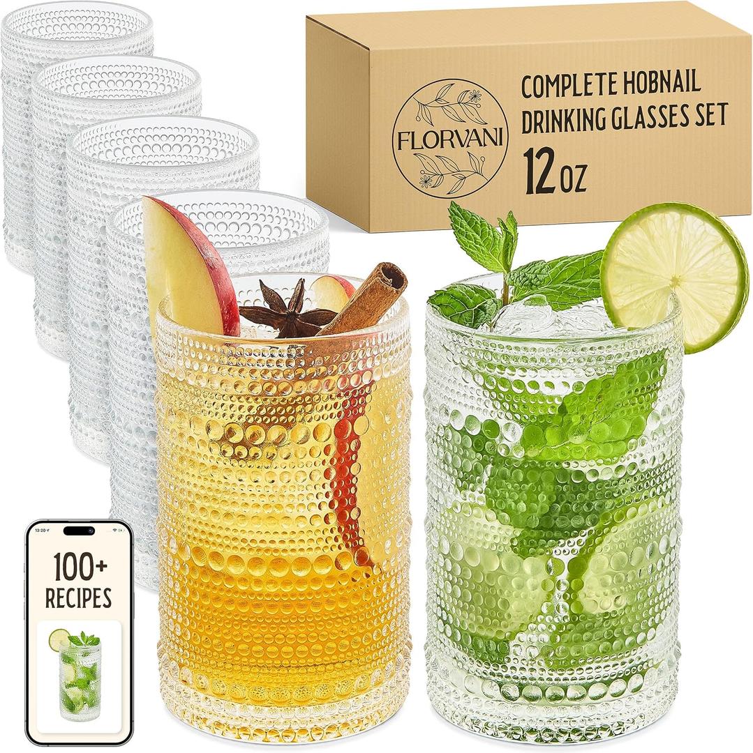 12 Oz Hobnail Drinking Glasses Set of 6 - Clear Multipurpose Glassware Sets, Decorative & Stylish Glasses Drinking Set for Bar, Kitchen, Cocktail Glassware, Garden - Home, Dining, & Kitchen