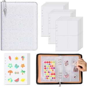 HAUTOCO Hardcover Sticker Organizer Binder Reusable A5 Holographic Sticker Book Collecting Album Storage Book with 140 Pockets and 20 Sheets Blank Release Paper, Zipper Closure, White
