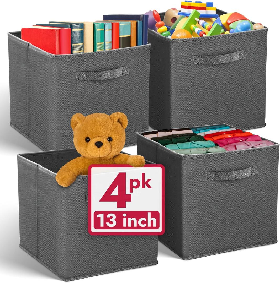 Reli. 13x13x13 Storage Cube Bins (4 Pack) | Large Cube Organizer Bins | 13x13 Fabric Storage Boxes | Fits Kallax | Collapsible, Foldable Fabric Cubby Box (Square) | Kids Room Organization (Dark Gray)