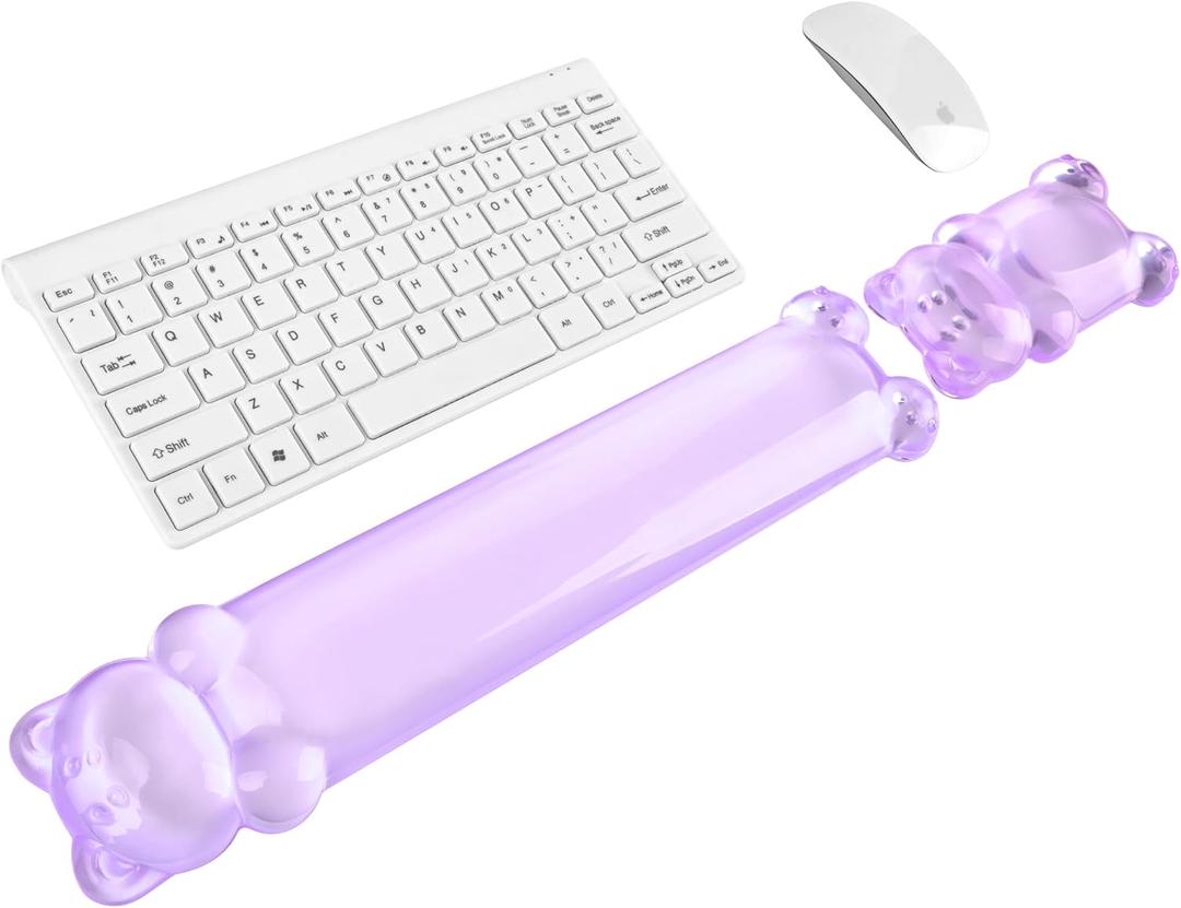 Gel Keyboard and Mouse Wrist Rest Set  Clear Wrist Rest for Computer Keyboard 60%/68%/75%, Comfort & Support for Typing and Gaming(Cute Purple Bear)