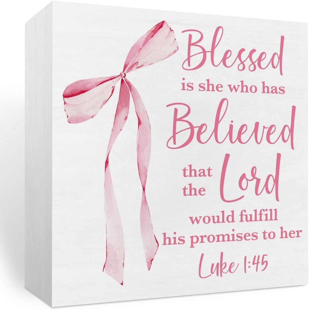 Pink Room Decor, Christian Bible Verse Decoration, Christian Gifts for Women, Pink Coquette Bow Decoration, Birthday Gifts for Women,Inspirational Wooden Box Sign Office Accessories Decor-Luke 1:45