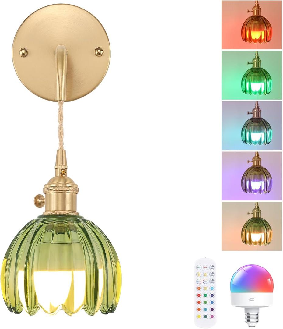 Battery Operated Wall Sconce with Green Tulip Shade Pattern Glass Adjustable Chain Retro Gold Wall Mounted Light, Modern Wall Lamp Fixtures Decor for Bedside Bedroom Indoor Doorway (Battery Operated (1 pack)- Long Cord)