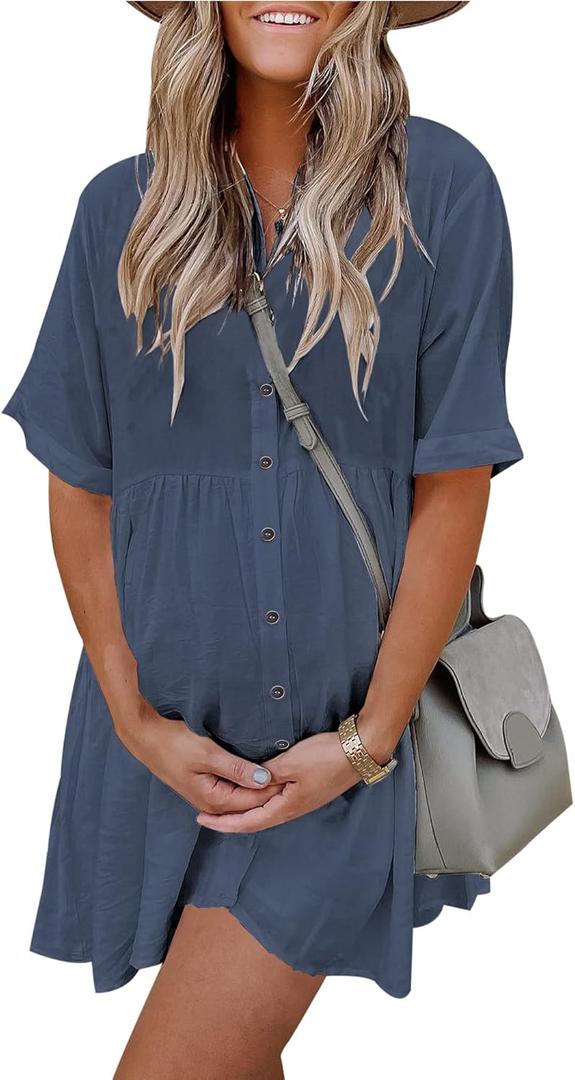 PYGFEMR Women's Short Sleeve Babydoll Dress Button Down Dresses with Pockets (B-gray Blue) S