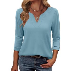ANRABESS Womens 3/4 Length Sleeve Tops V Neck Basic Tee Shirts 2025 Spring Summer Dressy Casual Tunic Blouses Outfits Lake Blue Small Size S