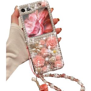 for Samsung Galaxy Z Flip 5 Glitter Bling Case,Cute Luxury 3D Crystal Rhinestone Diamond Flowers Sparkle Stunning Stones Pearl with Wrist Strap Women Girls Case for Galaxy Z Flip 5 5G (Pink)