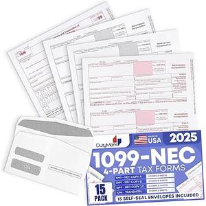 1099 NEC Tax Forms 2025 with Envelopes, 4 Part 15 Pack Tax Forms Kit and 15 Self-Seal Envelopes –Great for QuickBooks and Accounting Software, Value Pack for Business - Made in The USA - 15-Pack