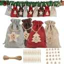 Christmas Advent Calendar Bags 24 Days DIY Countdown Calendar Drawstring Burlap Hanging Christmas Decorations Candy Chocolates Gift Bags for Xmas Holiday Home