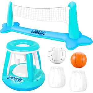 JOYIN Inflatable Pool Float Set Volleyball Net & Basketball Hoops, Floating Swimming Game Toy for Kids and Adults, Summer Floaties, Volleyball Court (105x28x35)|Basketball (27x23x27),L-Blue