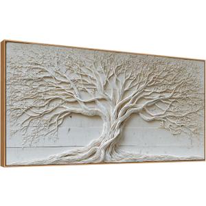 Tree of Life Wall Art White Relief Sculpture Canvas Prints Natural Framed Large Statement Piece 24 x 48 Inches Ready to Hang for Bedroom Living Room Office Hallway Home Decor