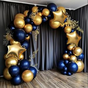 Royal Blue and Gold Balloon Garland Arch Kit, 160Pcs Dusty Blue Gold Latex Balloons with Star Foil Balloons for Wedding Anniversary Birthday Party Decorations