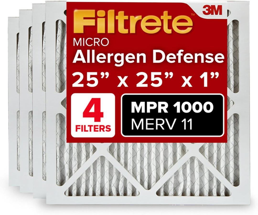 Filtrete 25x25x1 AC Furnace Air Filter, MERV 11, MPR 1000, Micro Allergen Defense, 3-Month Pleated 1-Inch Electrostatic Air Cleaning Filter, 4 Pack (Actual Size 4-Pack 24.688x24.688x0.813 in)