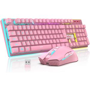 RedThunder K10 Wireless Gaming Keyboard and Mouse Combo, LED Backlit Rechargeable 3800mAh Battery, Mechanical Feel Anti-ghosting Keyboard + 7D 3200DPI Mice for PC Gamer (Pink)