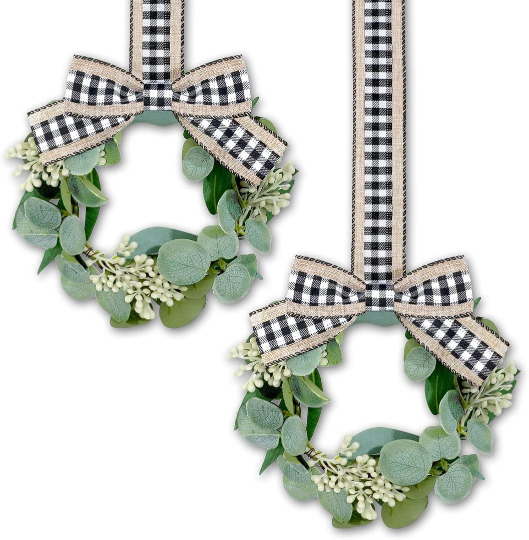 Syhood 2 Pieces 9" Mini Eucalyptus Wreath Artificial Spring Summer Greenery Wreath for Front Door Farmhouse Kitchen Cabinet with Ribbon for Porch Wall Window Decor(Plaid Bow Style)