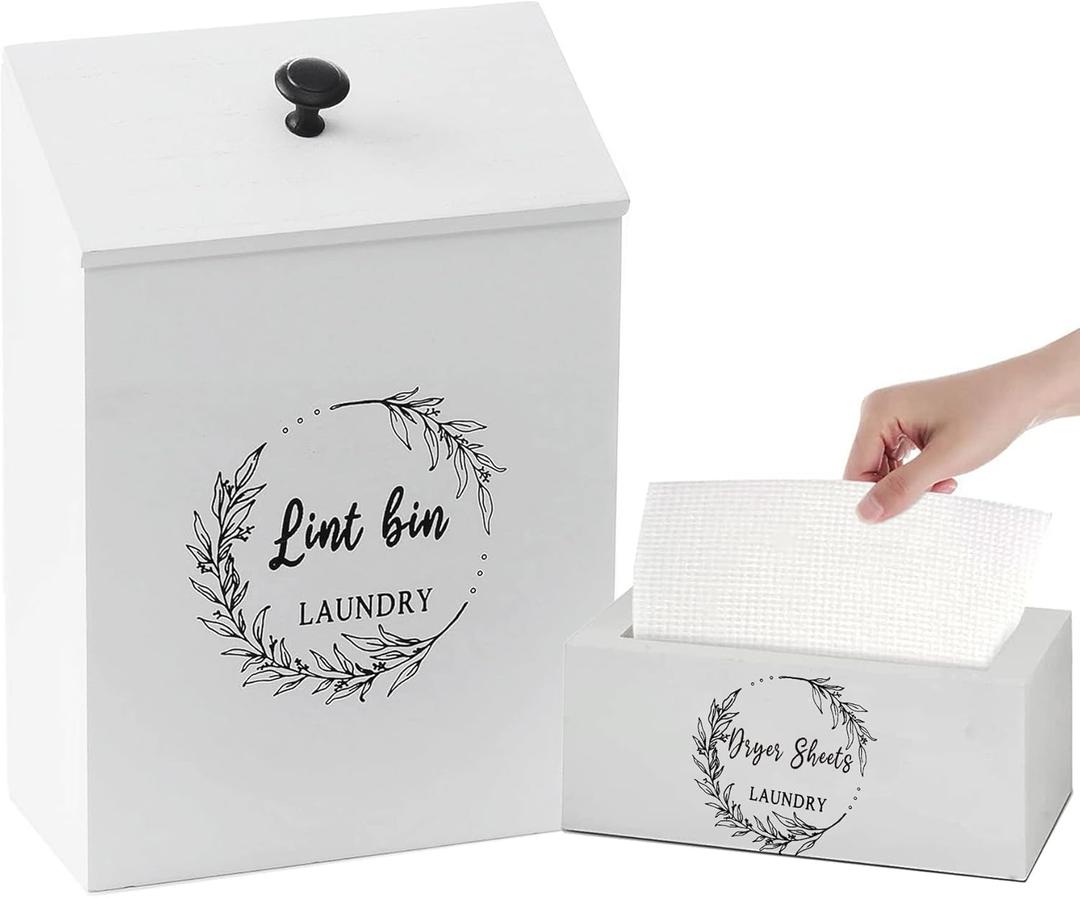 Magnetic Lint Bin and Dryer Sheet Holder Set for Laundry Room, Farmhouse Wooden Lint Trash Can with Lid and Dryer Sheet Dispenser Box Magnetic for Mounting on Dryer,Stylish Laundry Room Organiz(White)