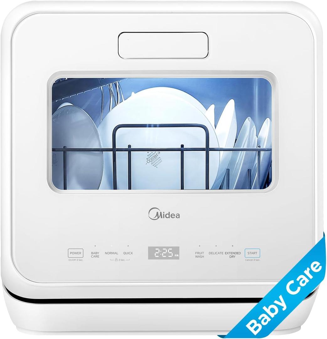Midea MDC17P4CWW Portable Countertop Mini 5L Built-in Water Tank, Baby Care, No Hookup Needed, 360 Dual Spray,High-Temp wash, Dishwasher for Apartments& RVs, White, Whole