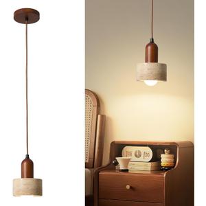 Natural Stone Pendant Light, Wabi Sabi Travertine & Wood Hanging Lamp for Kitchen Island, Hallway, Bedroom, Dining Room Ceiling Decor (Stone Hat, 2pcs)
