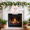 Easter Wreath for Front Door, Happy Easter Bunny Decor - Wooden Welcome Sign with Rabbit Shaped Design, Spring Wall Hanging for Indoor Outdoor Home Door Wall Fireplace Decorations (12x10in)
