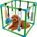 SpaceTime Puppy Play Gym with 8 Hanging Toys,Interactive Dog Toys to Keep Them Busy,Puppy Chew Rope/Rubber/Squeaky/Plush Toy for Indoor Small & Large Dogs,Durable Frame with Elastic Straps (Green)