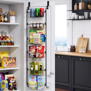 Delamu Narrow Over the Door Pantry Organizer, 6-Tier Metal Pantry Door Organization and Storage for Easy Install, Hanging Spice Rack Seasoning Shelves for Cabinet & Kitchen, D5 x W13 x H50 inch, Black (6x W11.2"xD4.7"xH3"Baskets)