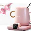 Coffee Mug Warmer & iKago Mug Set, Accurate Temperature Control Smart Heated Mug for Desk, Electric Coffee Warmer with Auto Shut Off & Real-Time Temp Display, Gifts for Men Women, 15oz Ceramic Mug (Pink)