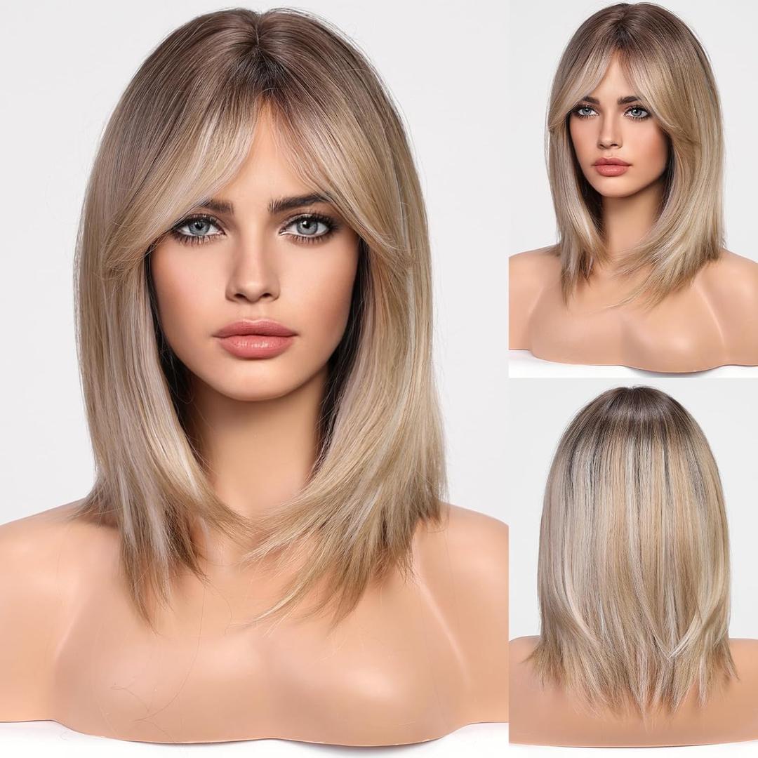 HAIRCUBE Ombre Ash Blonde Wigs for Woemn Light Blonde Straight Wig with Curtain Bangs Shoulder Length Natural Synthetic Wig for Daily Use