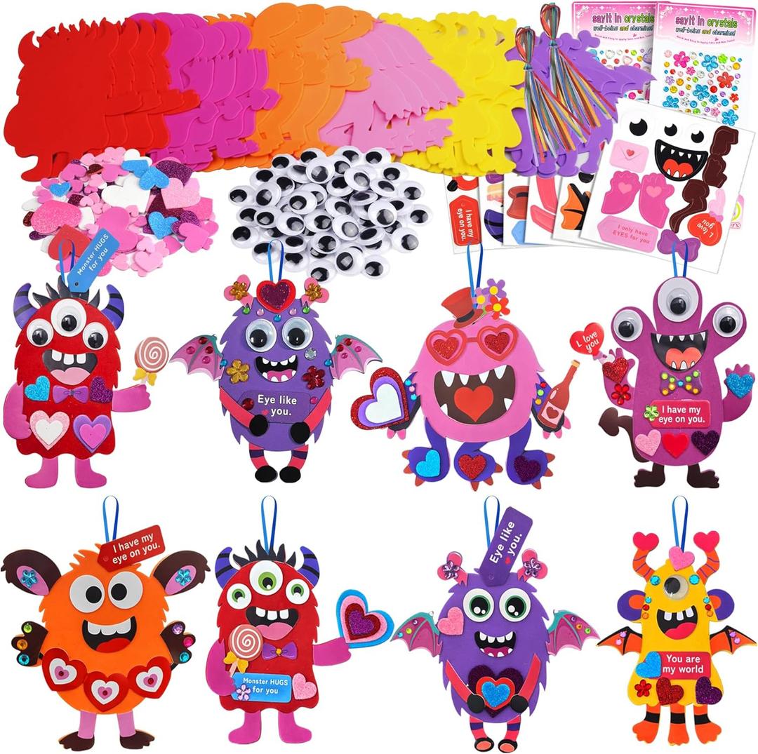 24 Sets Valentines Day DIY Crafts for Kids,Holiday Foam Shapes Monster Valentine Ornaments Craft Art Kits,Make Your Own Monster Craft Bulk for Kids Home Classroom Project Activities Gift Exchange