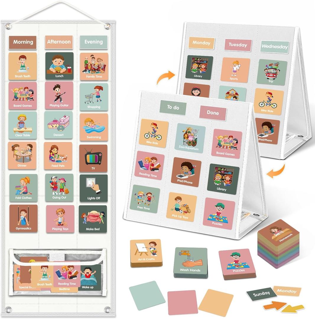 Godery Large Visual Schedule for Kids Chore Reward Chart,Bedtime Routine Chart for Toddlers,Double Side Schedule Board with 109 Cards for Home School Planner,Autism Learning Materials (White)