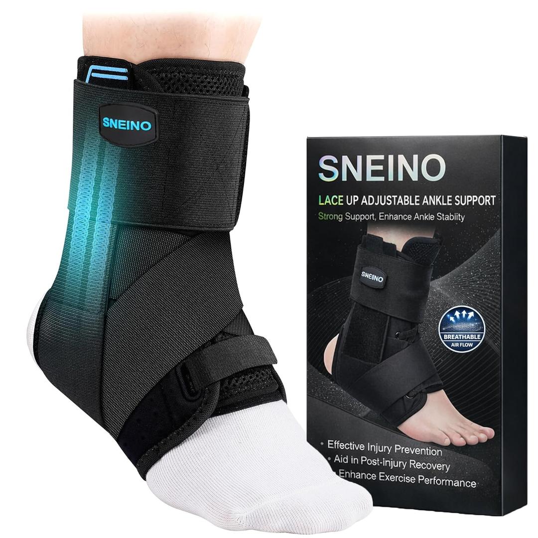 SNEINO Upgraded Ankle Brace for Women & Men;Strong Support, Breathable Fabric, Adjustable Quick Lace-Up, 4 Removable Side Bars (2 per Side), Sprained Ankle & Tendon Recovery, Sports Recovery (Small)