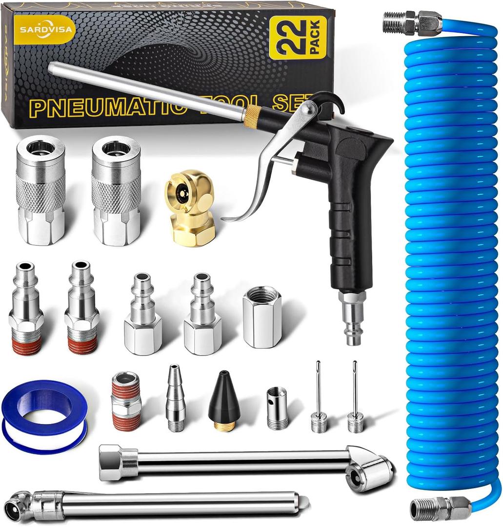 SARDVISA 22-Packs Air Compressor Accessories Kit, 25FT Upgrade Repairable PU Air Hose with 1/4'' NPT Air Tool Kit, Air Blow Gun/Air Chuck/Tire Gauge, Pneumatic Tool Set