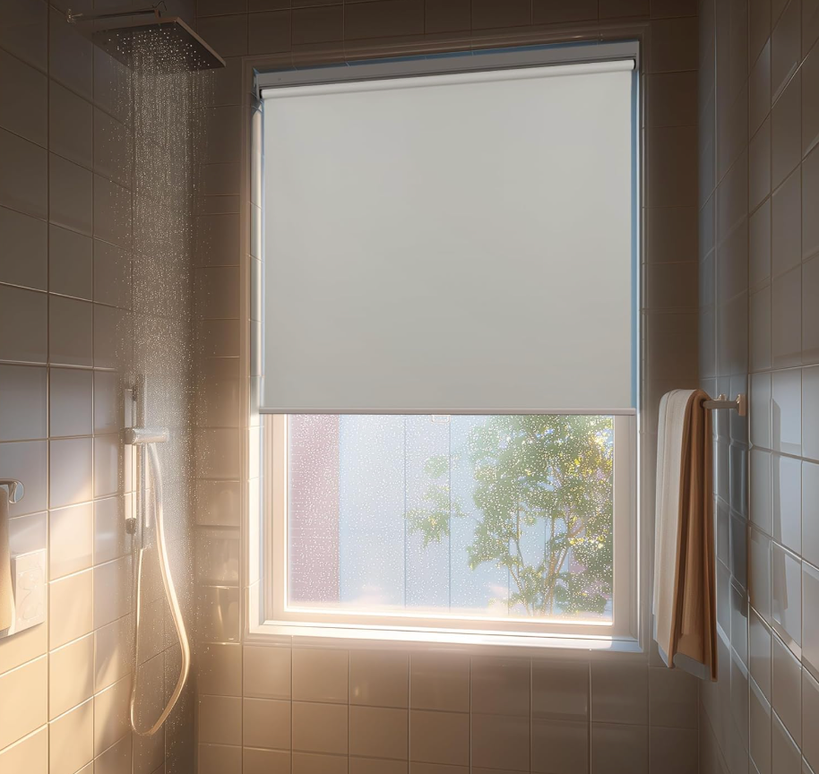 Drill Cordless Blackout Roller Shades Screwless Waterproof Shower Window Blinds, Auto-Retraction Easy Install Blind for Bathroom/Kitchen/Office/Exterior, White 43 inch