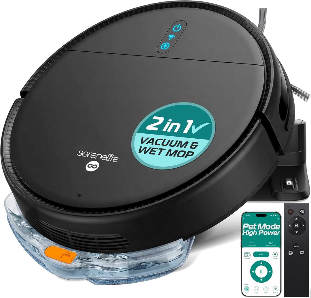 SereneLife Automatic Robot Vacuum Cleaner and Mop Combo, App Control, 3 Cleaning Modes, Smart Anti-Fall Sensors, Self-Charging, High Suction Ideal for Pet Hair, Carpet and Hard Floors, Black
