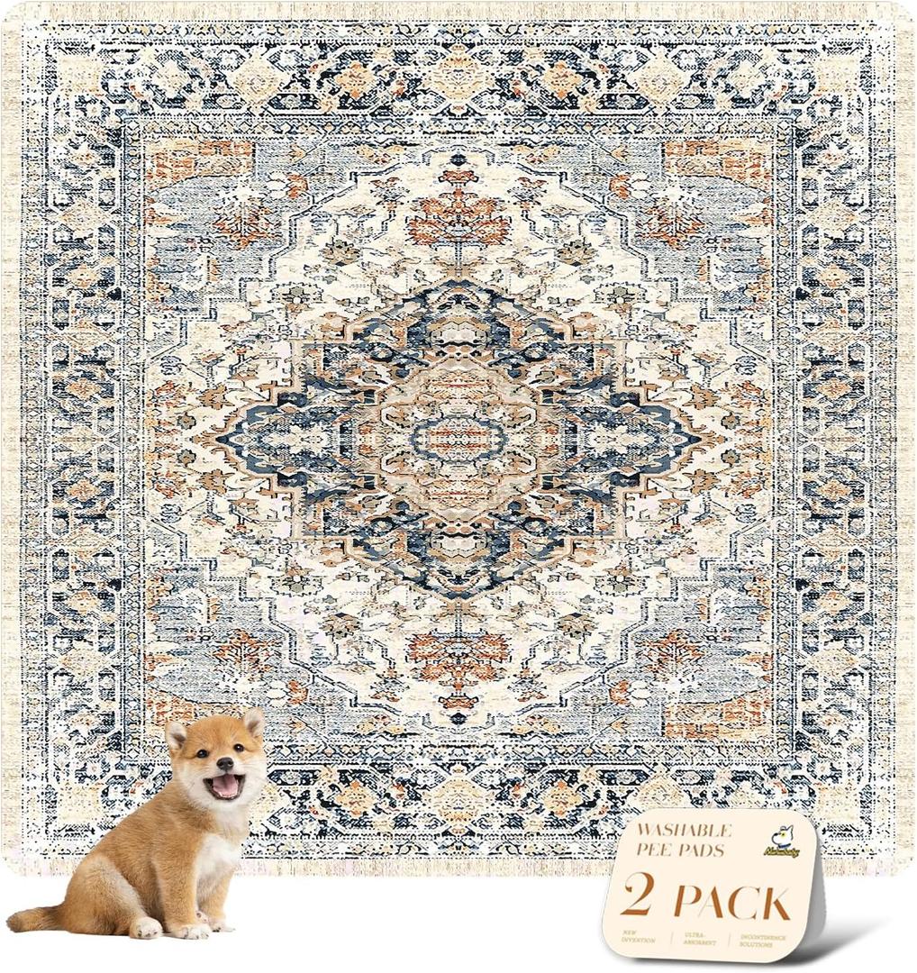 nunubaby 2PACK Washable Pee Pads for Dogs, Stylish, Non-Slip and Leak-Proof Pee Pads. Reusable Potty Pads for Dogs for Crates and Floors.(Beige/Multi, 72" x72" )