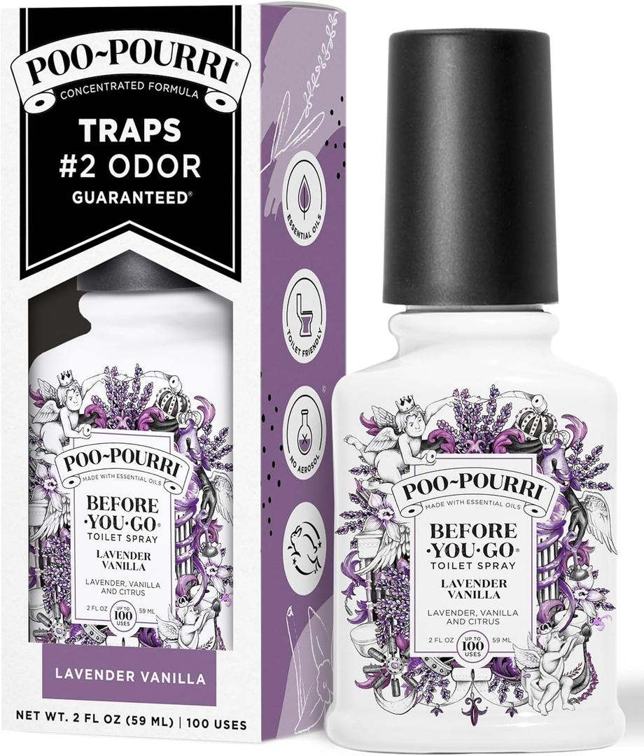 Poo-Pourri Before-You-Go Toilet Spray, Lavender Vanilla, 2 Fl Oz, Up to 100 Uses, Bathroom Odor Deodorizer with Essential Oils for Home or Work, Travel Essentials, TSA Approved Size