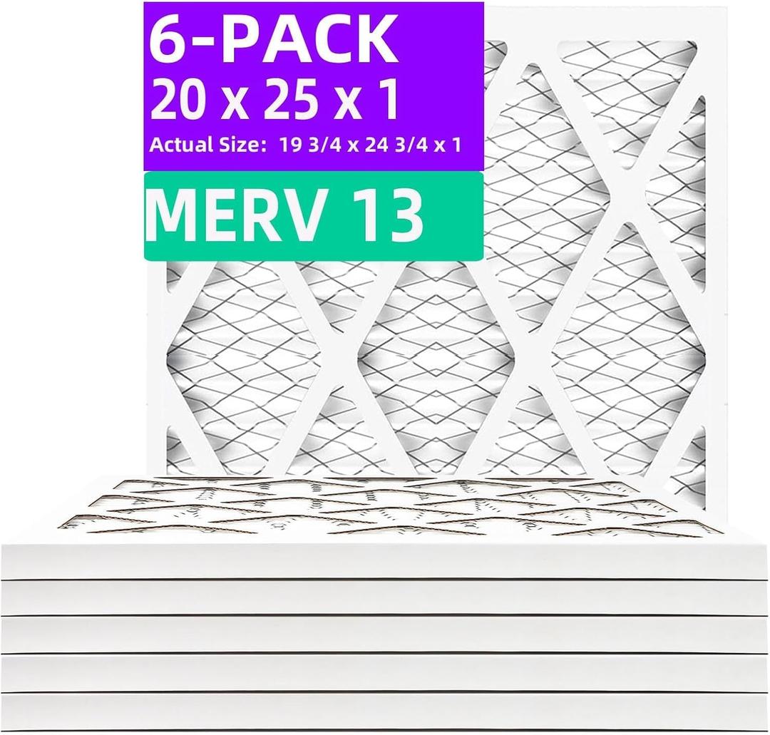20x25x1 MERV 13 (6-Pack) Pleated Air Filter (Actual Size: 19.75"x24.75"x0.75") MPR 1900 & FPR 10, Furnace Air Filters, 20x25x1 air filter