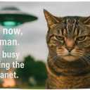 3x5 Feet Funny Cat Flag with Quote ''Not Now, Human. I'm Busy Saving The Planet.''- Animal Cool Poster Polyester On The Wall with Four Brass Grommets - Single Sided Kitten Banner for Decoration Rooms