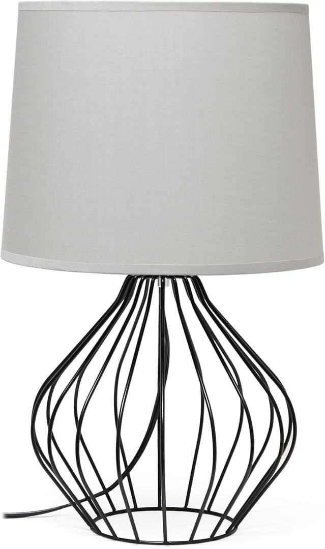 Simple Designs LT1223-GOB 19.75" Open Wire Geometric Table Lamp, for Living Room, Bedroom, Office, Black with Gray Shade