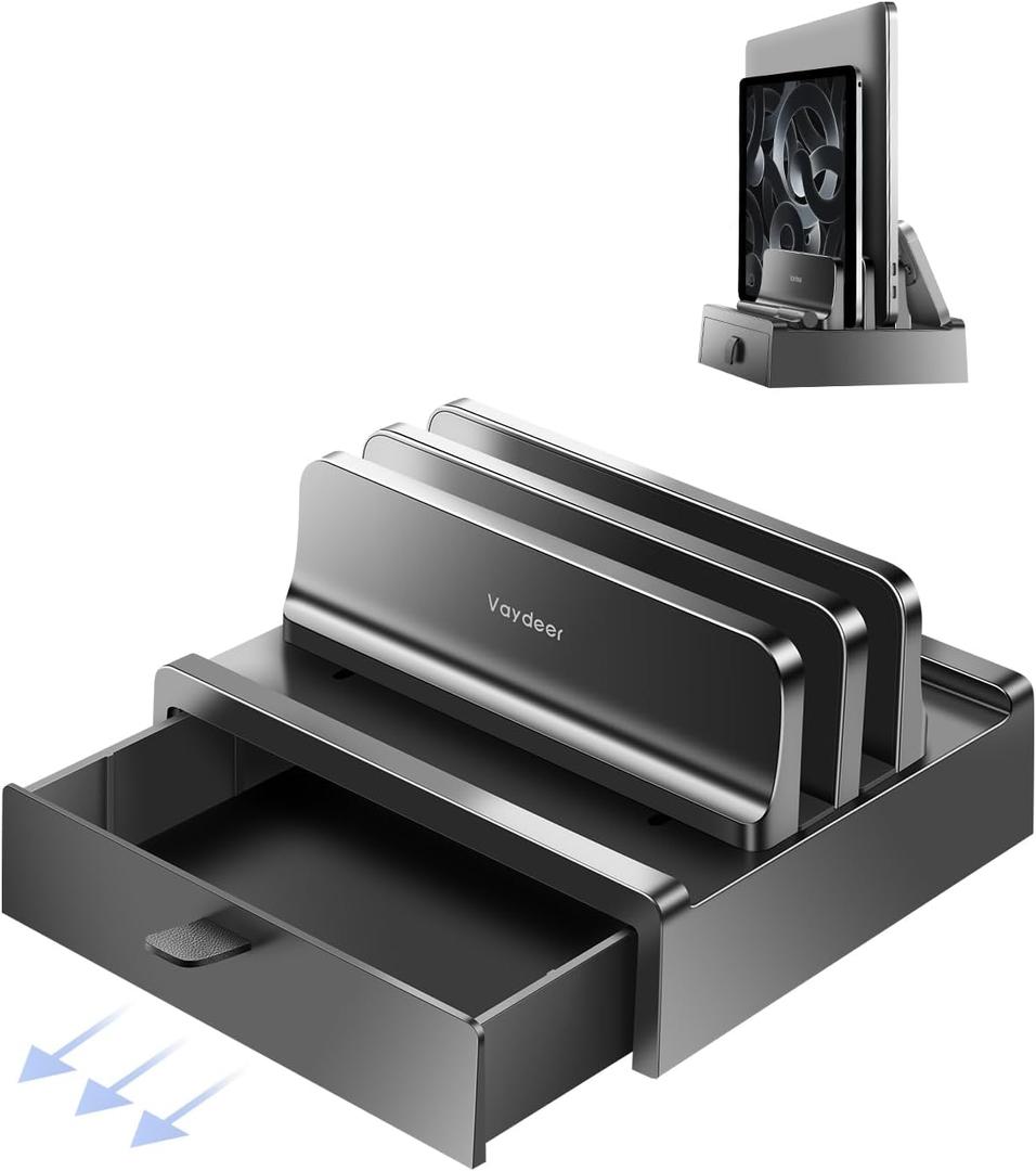 Vaydeer Vertical Laptop Stand with Drawer, Dual Slots Plastic Laptop Holder with Space Saving 4-in-1 Design, Adjustable Laptop Stand for Desk, Supports MacBook, Chromebook, Surface, Dell Vaydeer Vertical Laptop Stand with Drawer, Dual Slots Plastic Laptop Holder with Space Saving 4-in-1 Design, Adjustable Laptop Stand for Desk, Supports MacBook, Chromebook, Surface, Dell