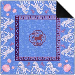 Blue Chinoiserie Horse Lantern Mahjong Mat for Table 31.5 x 31.5 in, Blue and Red Traditional Oriental Horse Non-Slip Noise Reduction Game Table Cover for American Mahjong Card Board Tile Games
