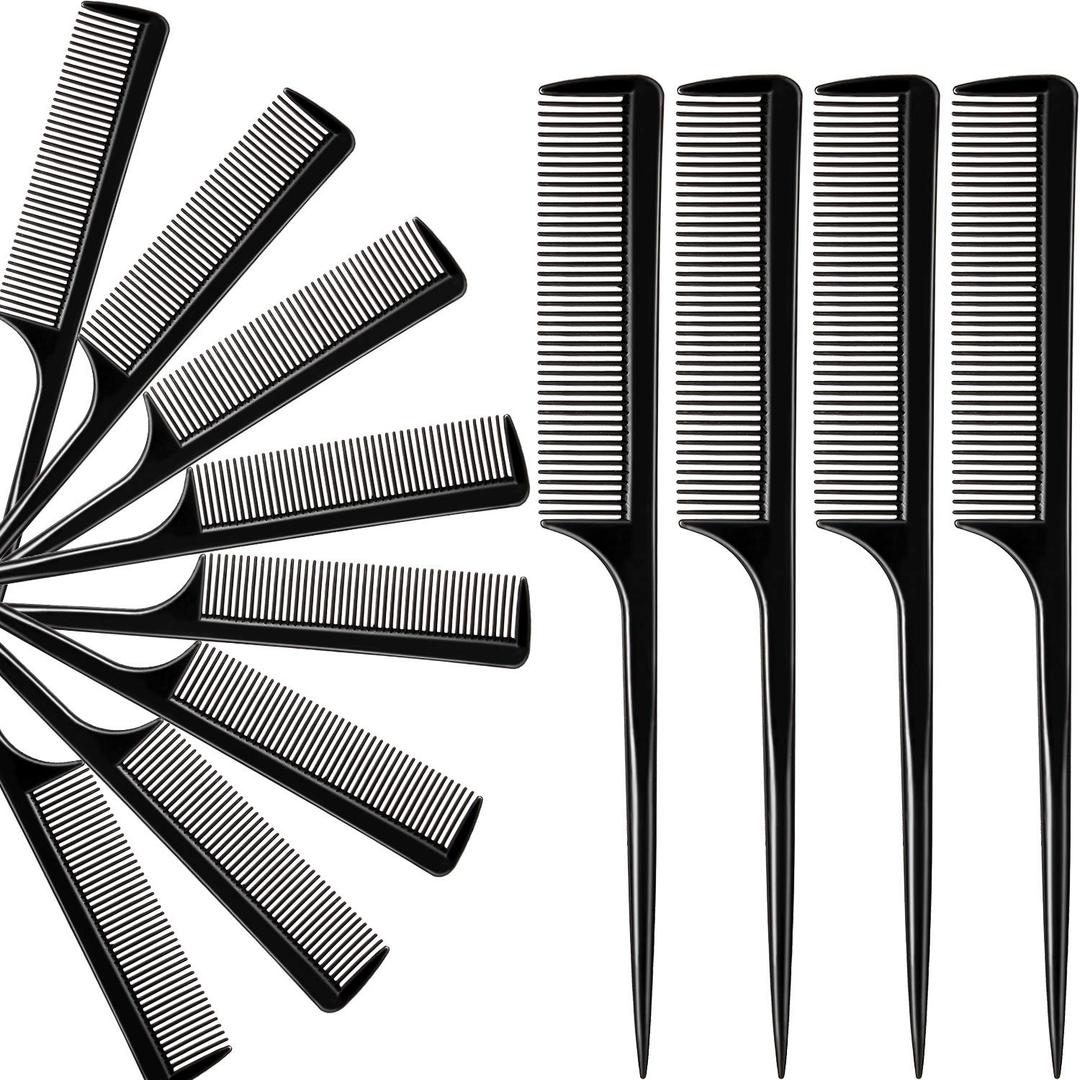 Boao 12 Pack Rat Tail Comb Styling Plastic Anti Static Heat Resistant Tail Comb for All Hair Types Fine Tooth for Men and Women(Black)