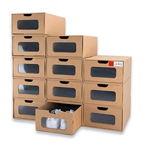 WALL QMER Shoe Box 24 Pack,13.2 x 8.3 x 5.1in Waterproof Storage Boxes, Socks, Stationery, Toys, Underwear,Heavy Duty,Stack-able Cardboard Boxes,with Marking Labels,Transparent Window
