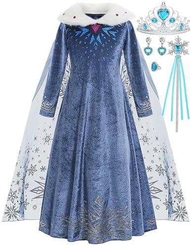Luzlen Winter Snow Princess Costume for Girls Halloween Birthday Cosplay Dress with Cape Accessories Blue, 4-5 Years(Label 120)