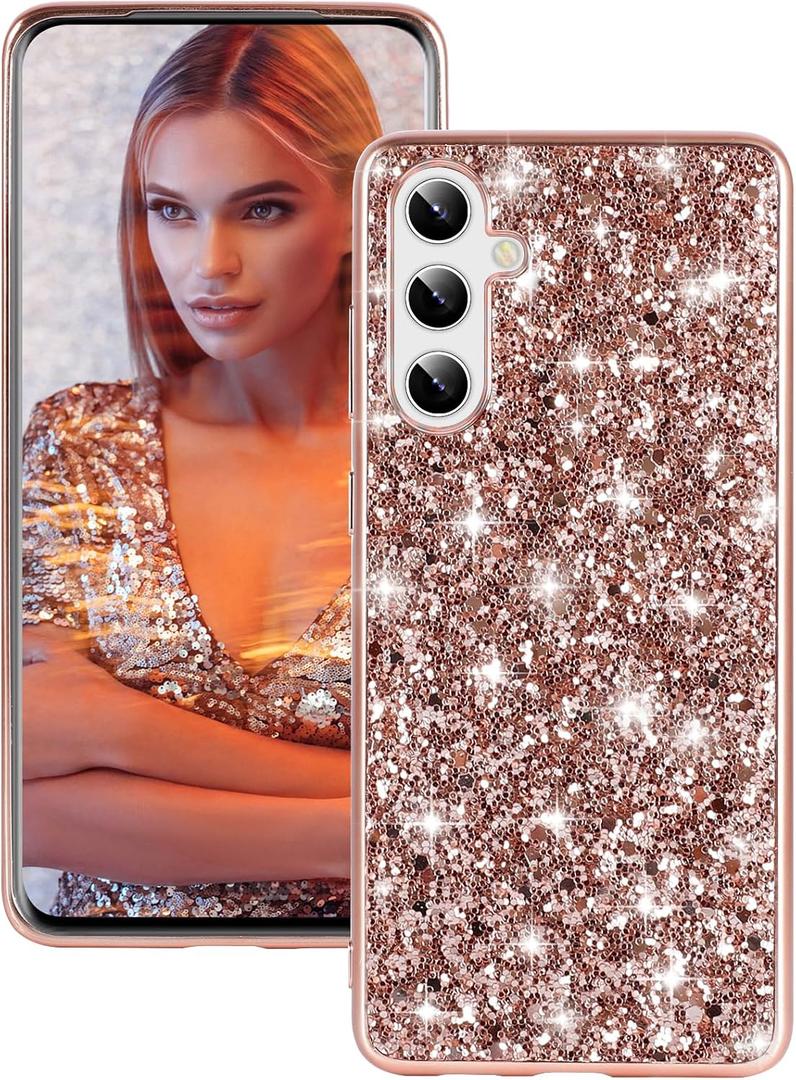 Silicone Case for Samsung Galaxy S24 FE 5G Case Glitter Sparkle Bling, Hybrid Matte Back Case High Impact Heavy Duty Shockproof Protective Cover for Samsung S24 FE Cute Case for Women 6.7" (Rose Gold)
