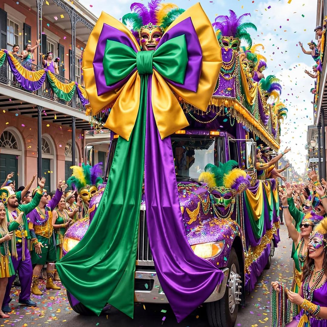 55 x 118 in Giant Mardi Gras Bow Outdoor Extra Large Mardi Gras Decorations Purple Green Gold Silk Bow for Front Door Porch Tree Wreath Outside Wall Building New Orleans Carnival Party Decor
