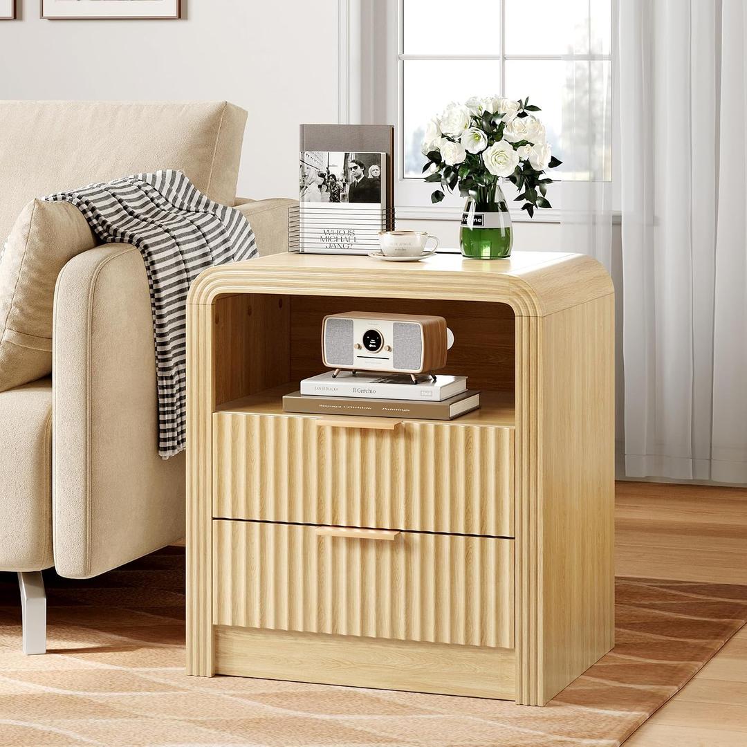 Decofy Fluted 2-Drawer Nightstand with Charging Station, Oak
Open Shelf, USB and Type C ports, Curved Profile, Gold Handles, 19.7'' Wood Bedside Table