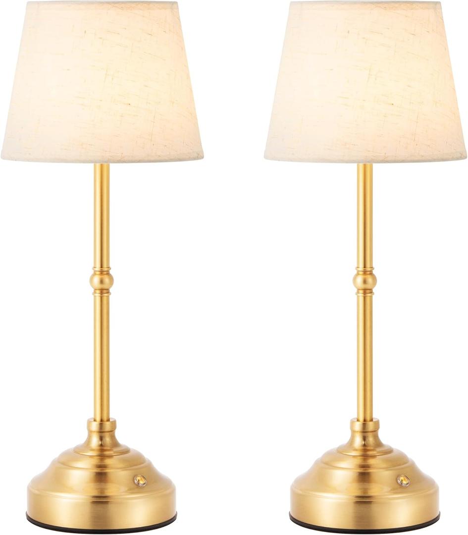 2 Pack Cordless Table Lamp, Rechargeable Desk Lamp with Fabric Shade, Battery Operated Lamp 3 Color Stepless Dimming, Small Touch Bedside Lamp Home Decor for Dining, Counter (Brushed Gold)